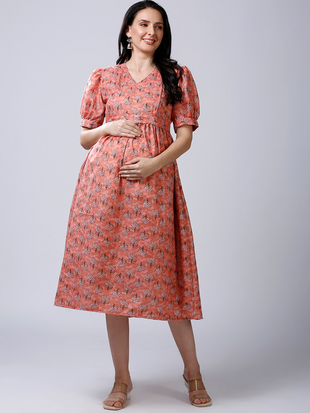 Mom For Sure by Ketki Dalal Women Floral Printed Puff Sleeve Maternity A-Line Dress