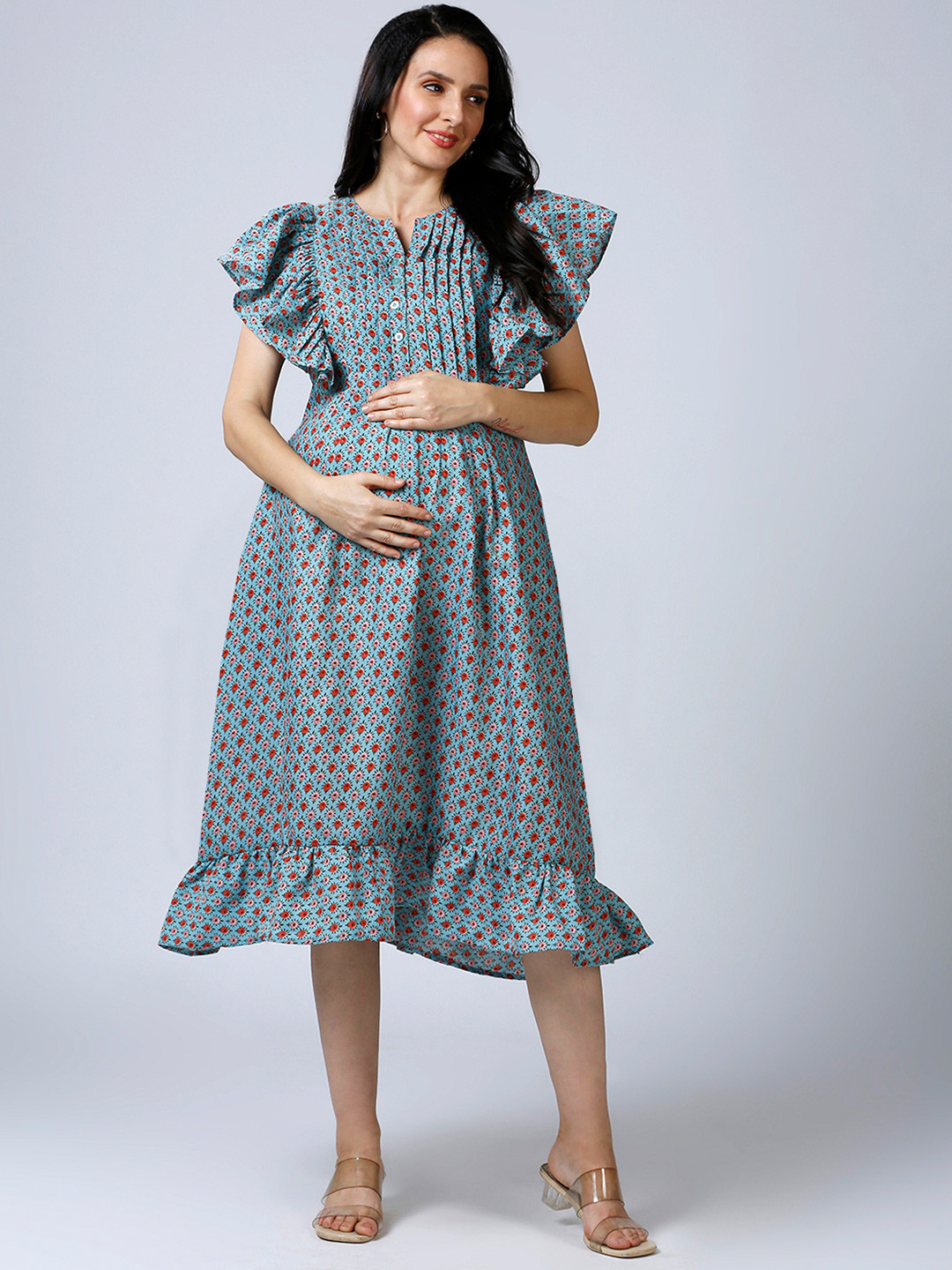 Mom For Sure by Ketki Dalal Floral Print Ruffled Maternity Blouson Dress