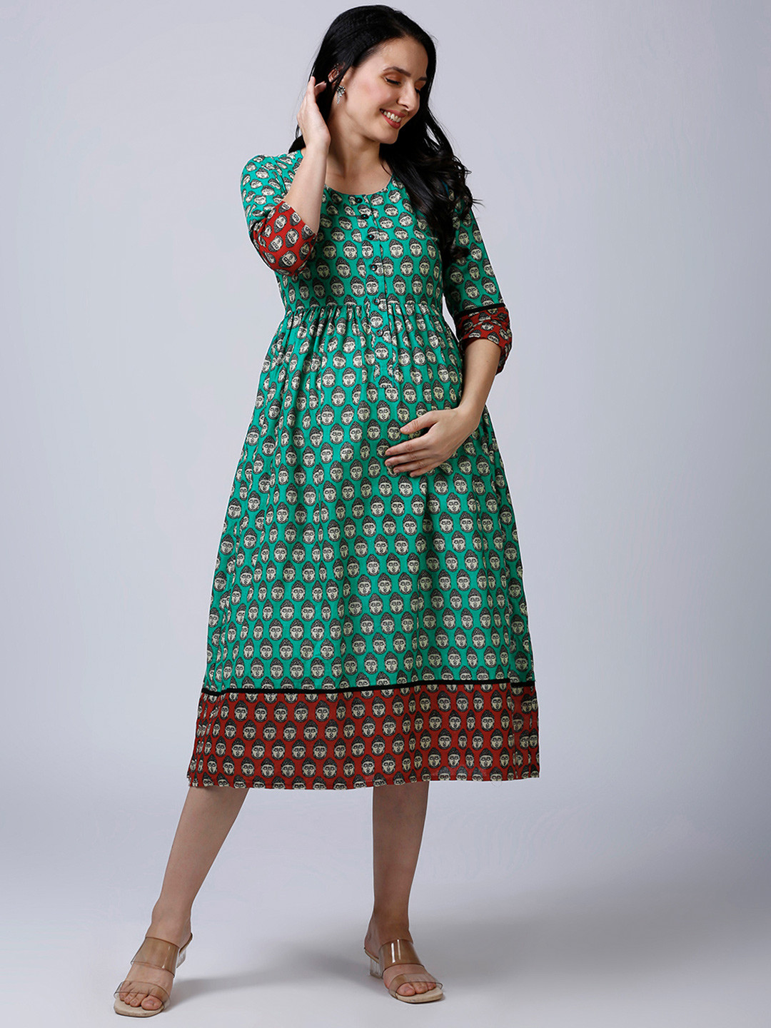 Mom For Sure by Ketki Dalal Ethnic Motifs Print Maternity Empire Dress