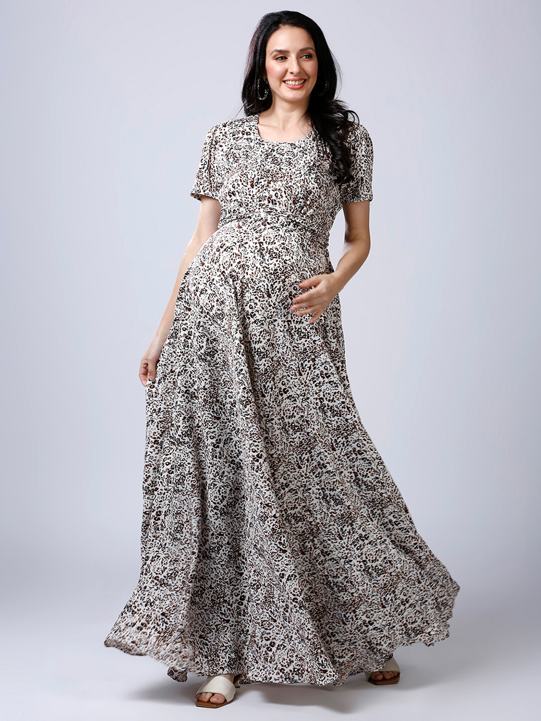 Mom For Sure by Ketki Dalal Animal Print Puff Sleeve Maternity Maxi Dress