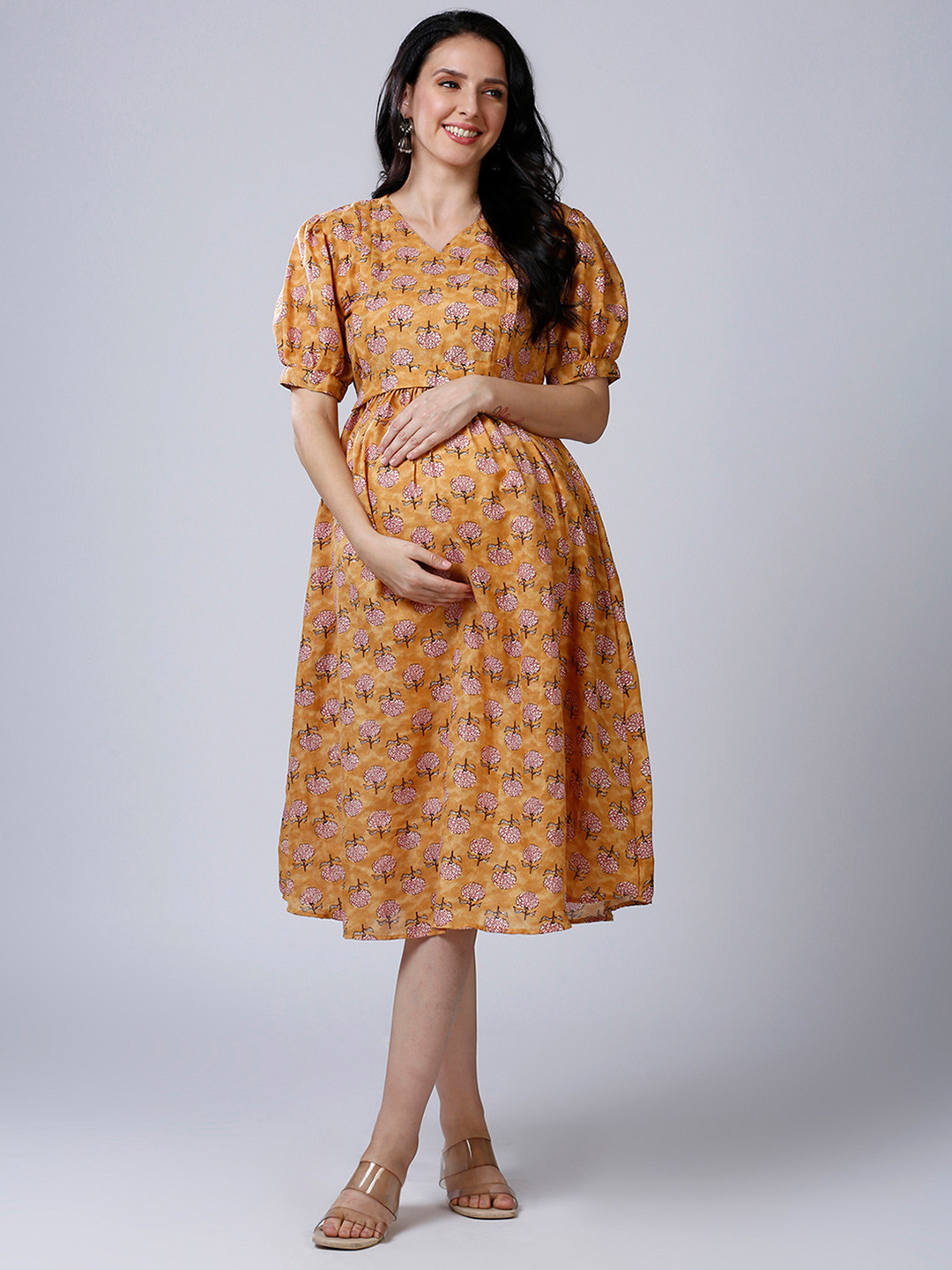 Mom For Sure by Ketki Dalal Floral Printed Puff Sleeve Maternity Fit and Flare Dress