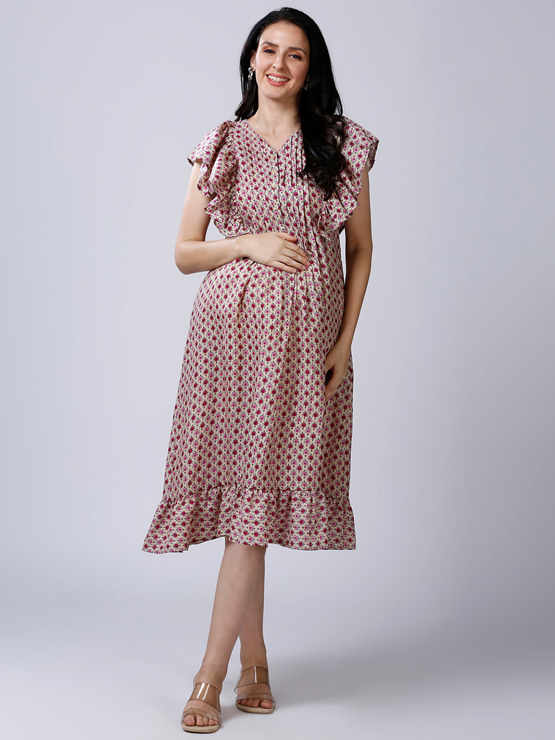 Mom For Sure by Ketki Dalal Floral Print Ruffled Maternity Blouson Dress