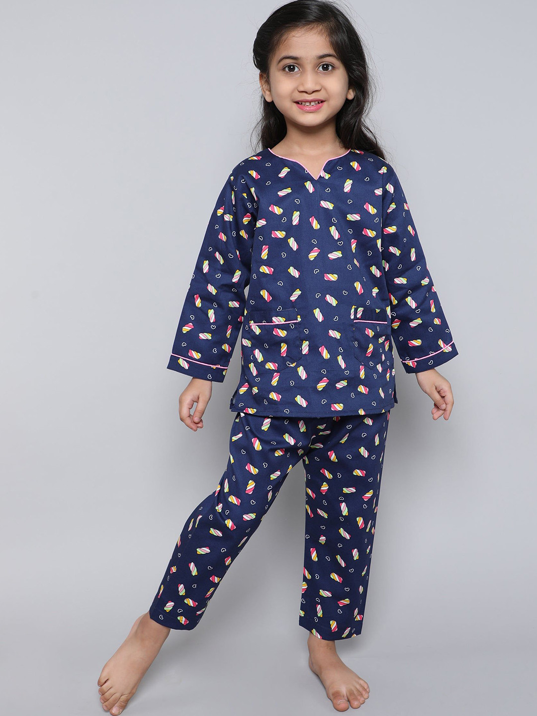 Little Clothings Girls Marshmallow Printed Organic Cotton Top With Pyjamas