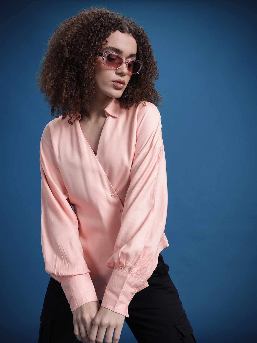 The Roadster Lifestyle Co. Solid Dolman Sleeves Casual Shirt with Asymmetric Placket