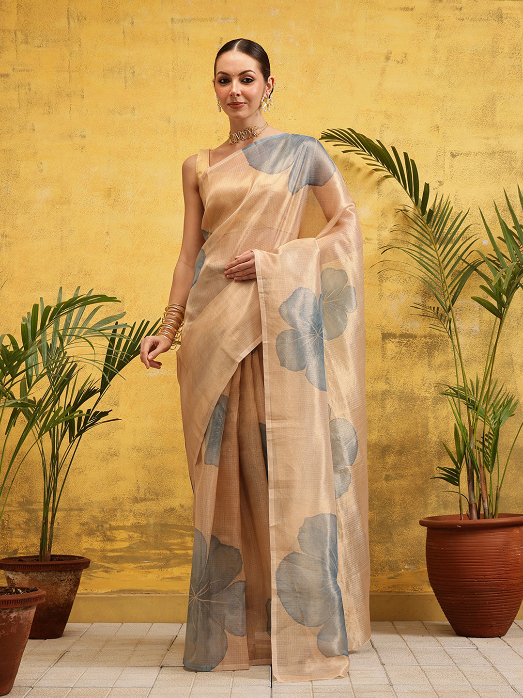 Silk Land Floral Printed Tissue Chanderi Ready to Wear Saree