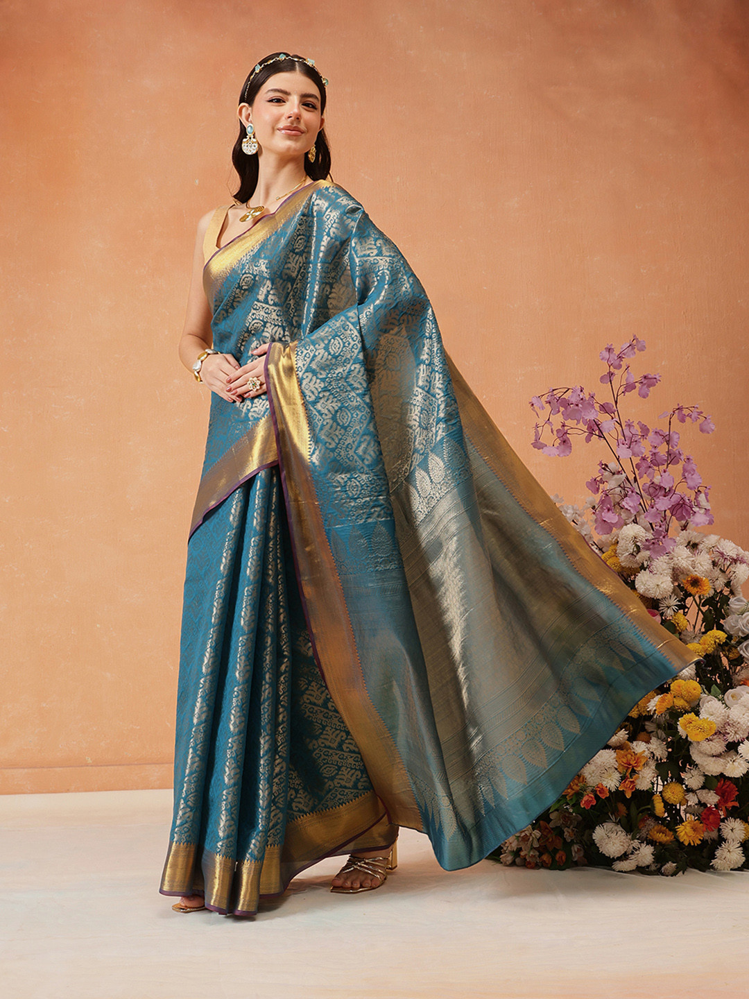 Silk Land Chevron Classical Weaving Ikkat Zari Woven With Kanjivaram Border Saree