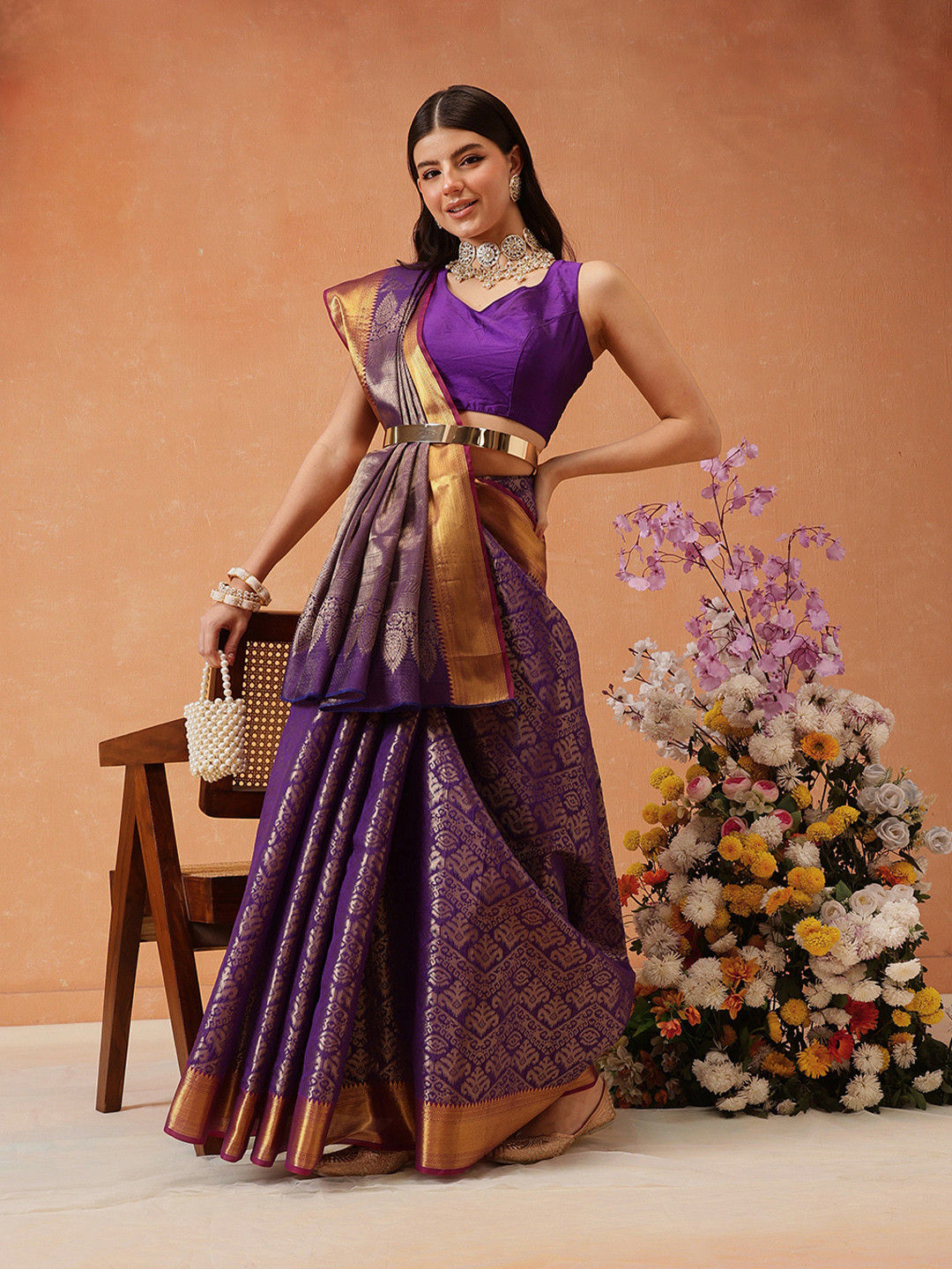 Silk Land Chevron Classical Weaving Ikkat Zari Woven With Kanjivaram Border Saree