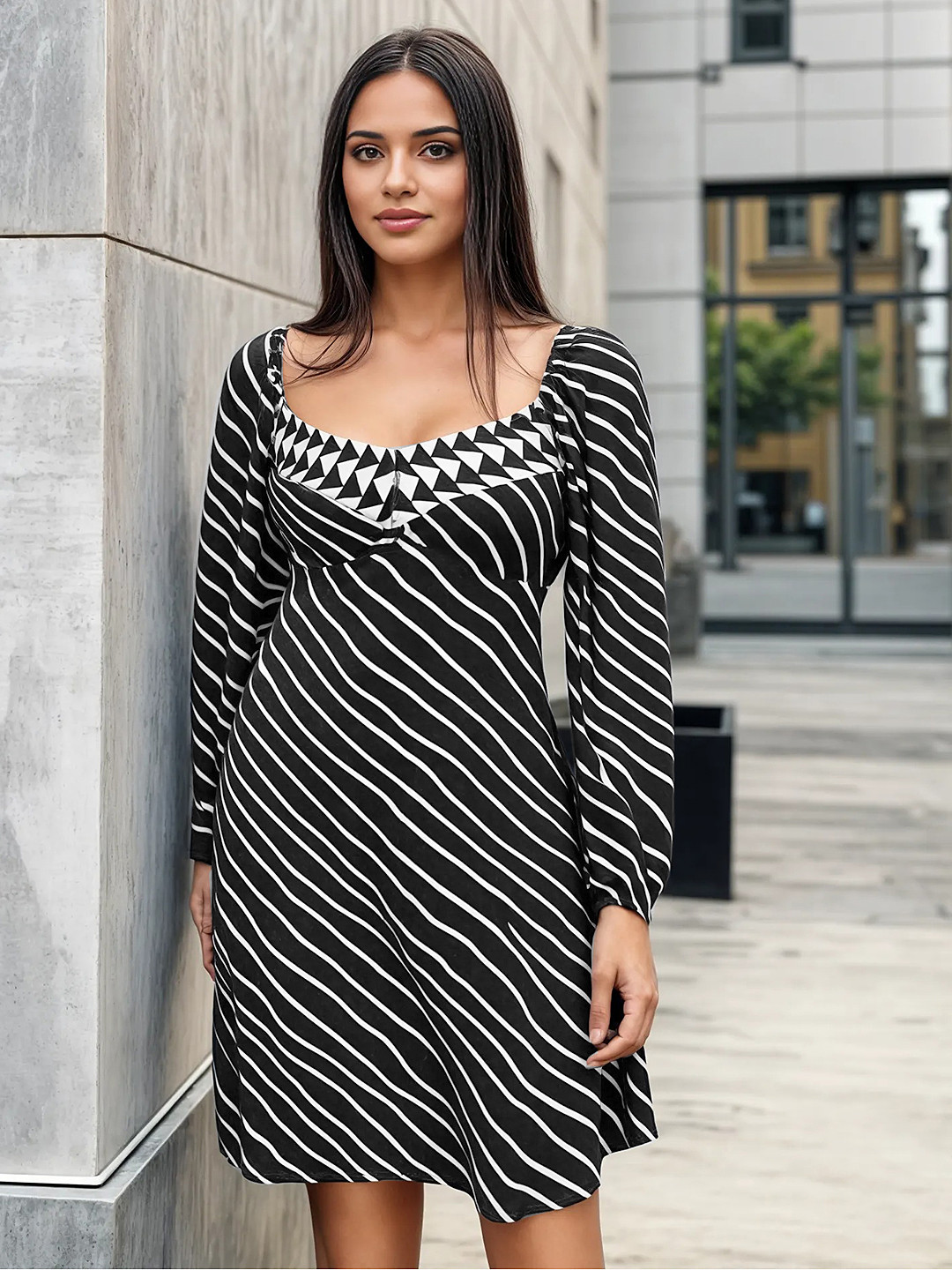 glitchez Monochrome Stripes Cut-Out Tie-Up A-Line Dress