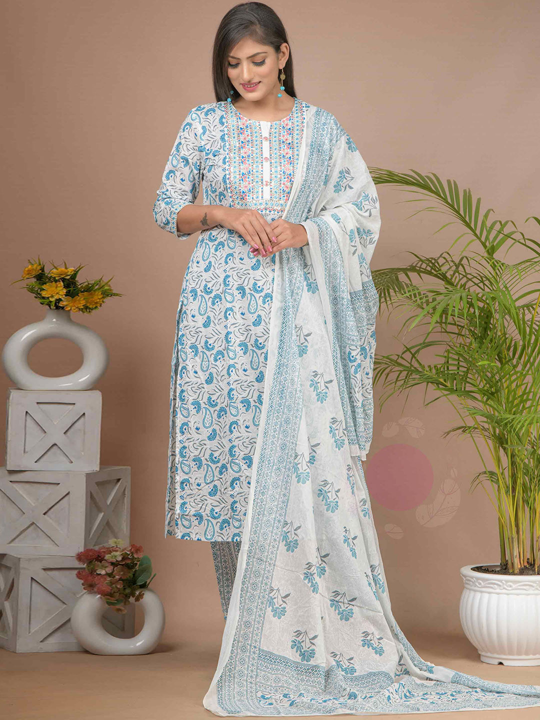 SPCATTIRE Ethnic Motifs Printed Sequnnied Pure Cotton Kurta With Trousers And Dupatta
