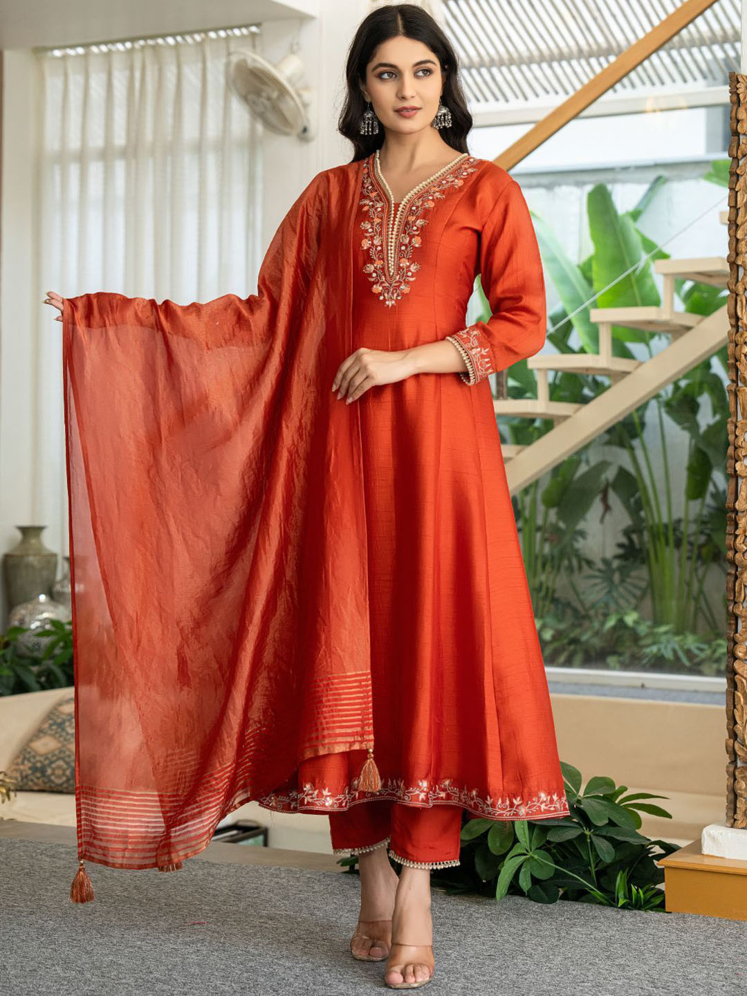 ANUSHEET Yoke Design Embroidered V-Neck Anarkali Pure Silk Kurta With Trousers And Dupatta