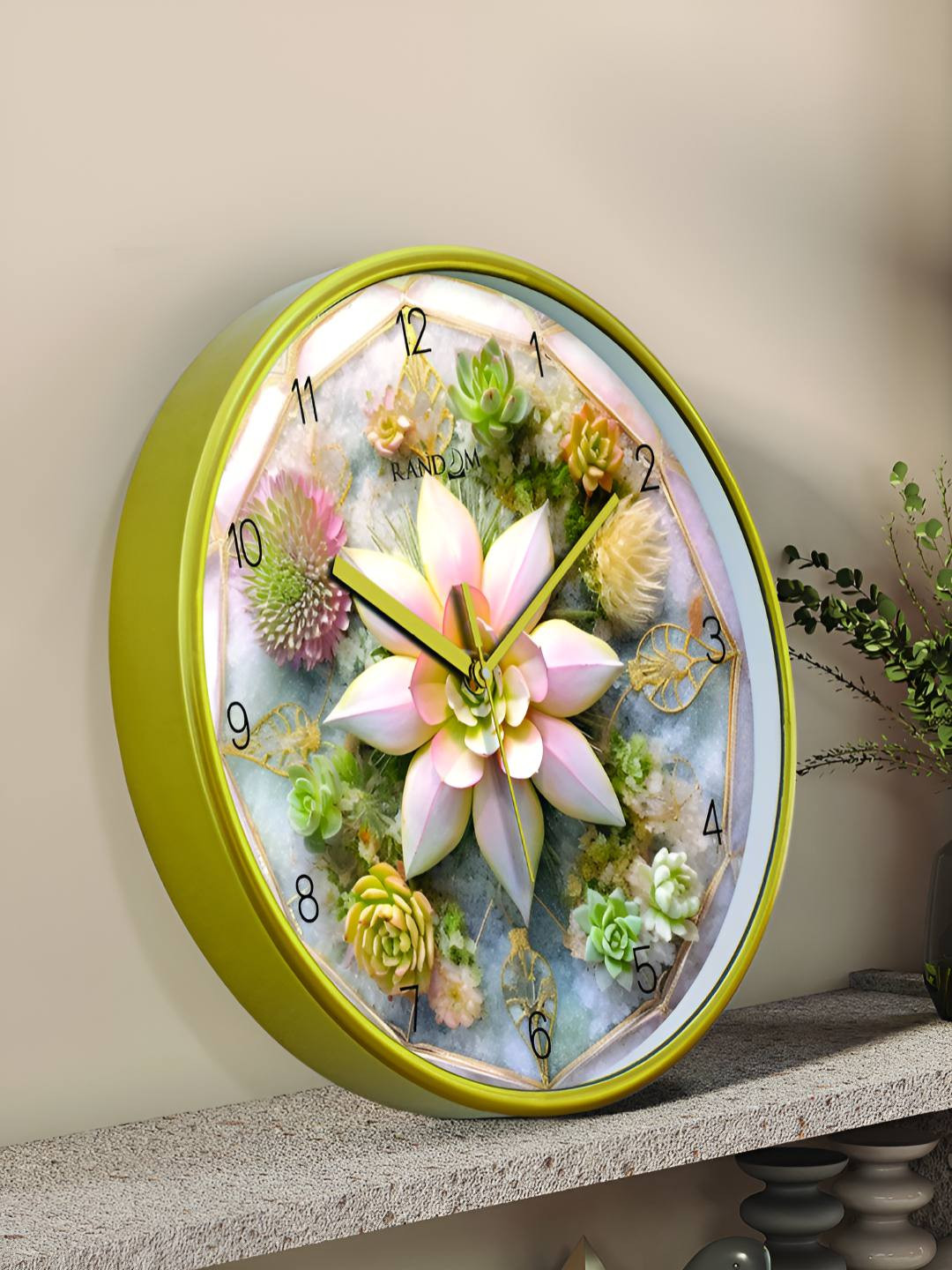 RANDOM Sweep Silent Gold-Toned & Green Floral Printed Analogue Contemporary Wall Clock