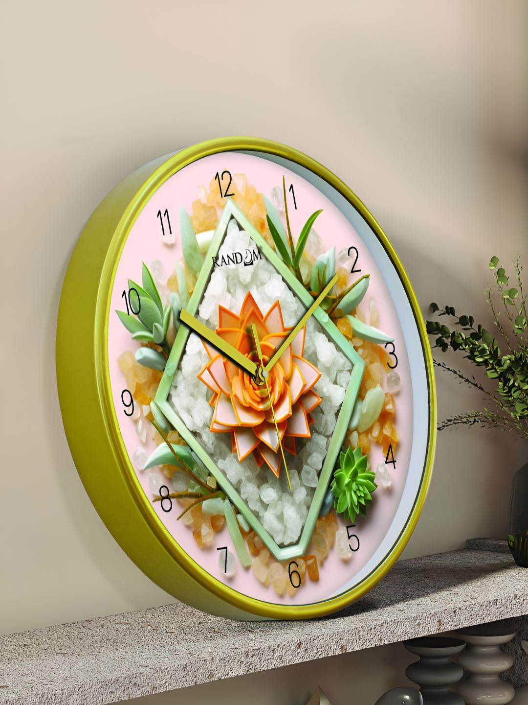 RANDOM Sweep Silent Gold-Toned & White Floral Printed Contemporary Wall Clock