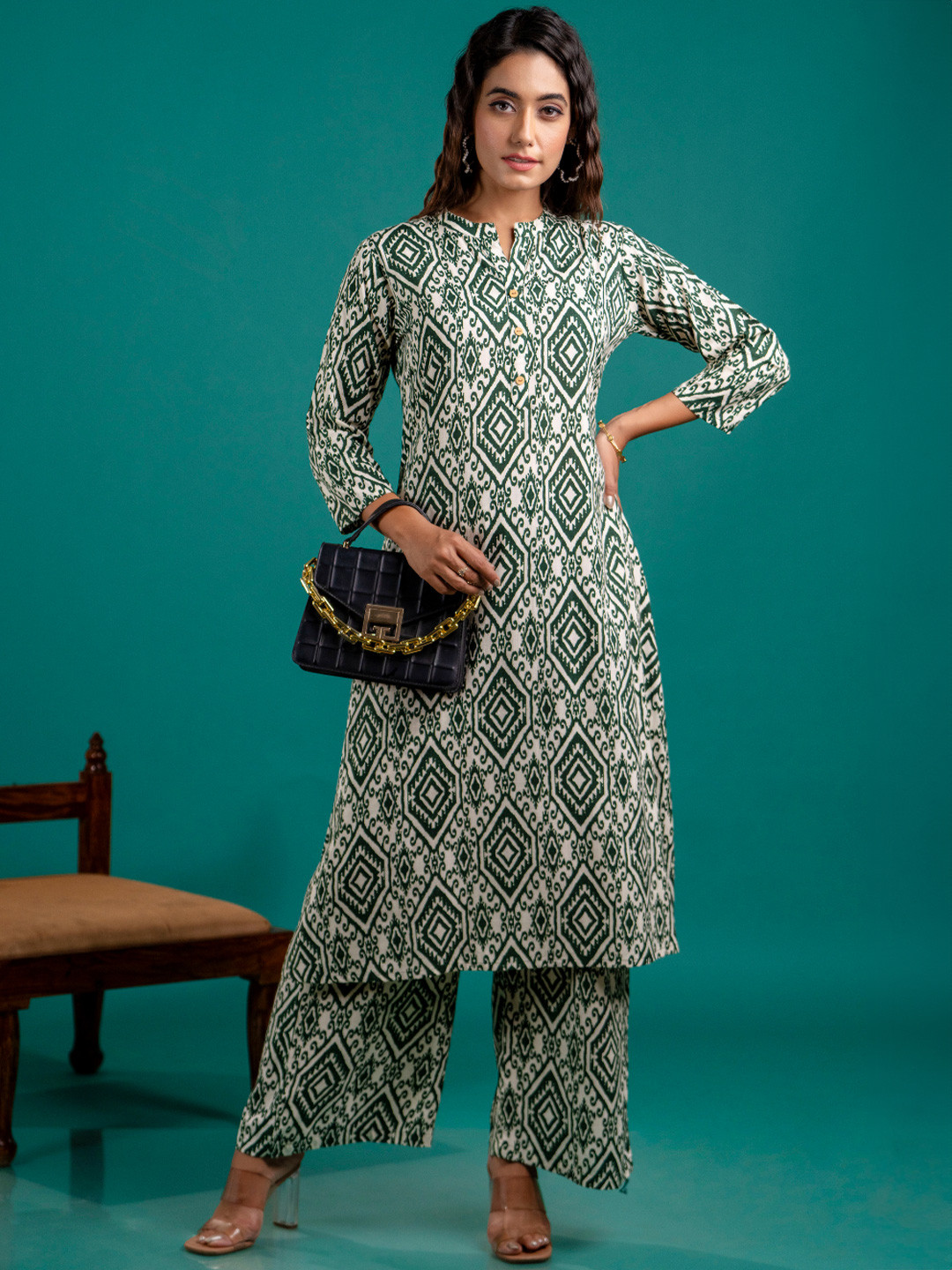 Anouk Green And White Geometric Printed Pure Cotton Mandarin Collar Tunic With Trouser