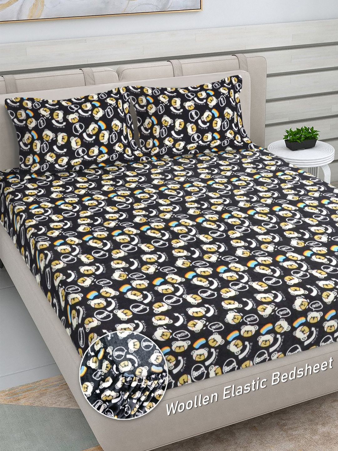 FABINALIV Black Animal Wool 300 TC Fitted King Fine Bedsheet with 2 Pillow Covers-98 x 89 inches