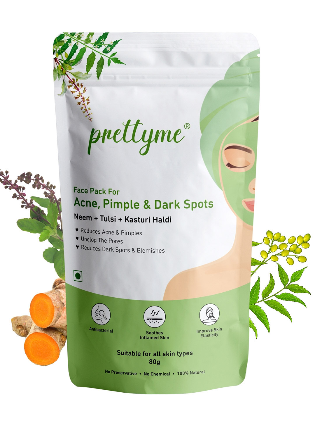 Prettyme Natural Face Pack Powder With Neem & Tulsi For Acne & Pimple Prone Skin - 80 g