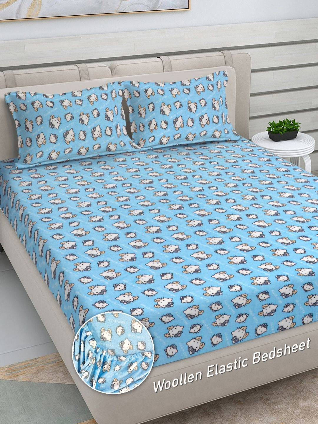 FABINALIV Blue Cartoon Characters Wool 300 TC Fitted King Fine Bedsheet with 2 Pillow Covers-89 x 98 inches