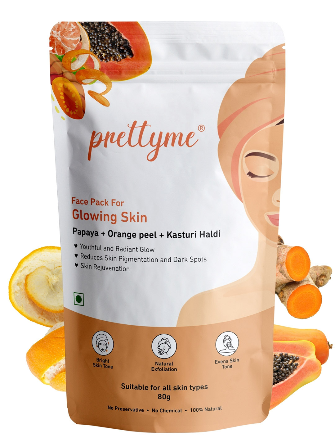 Prettyme Natural Face Pack Powder With Papaya & Haldi For Glowing Skin - 80 g