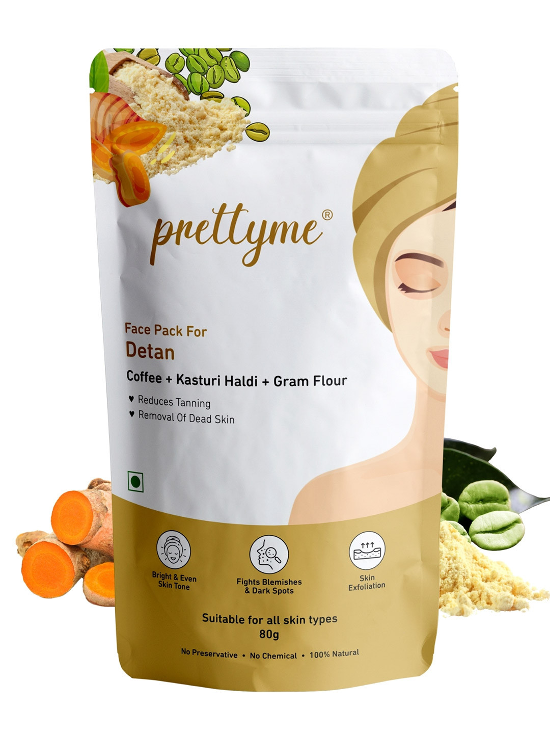 Prettyme Natural Face Pack Powder With Coffee & Gram Flour For Detan - 80 g