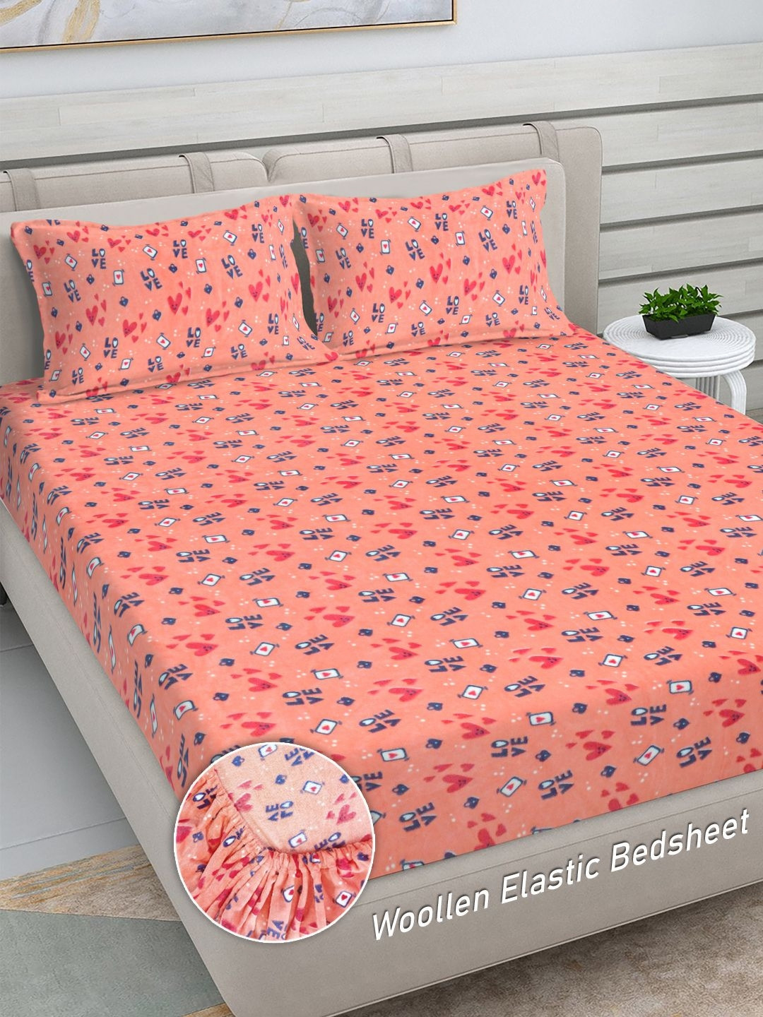 FABINALIV Peach Typography Wool 300 TC Fitted King Fine Bedsheet with 2 Pillow Covers-98 x 89 inches