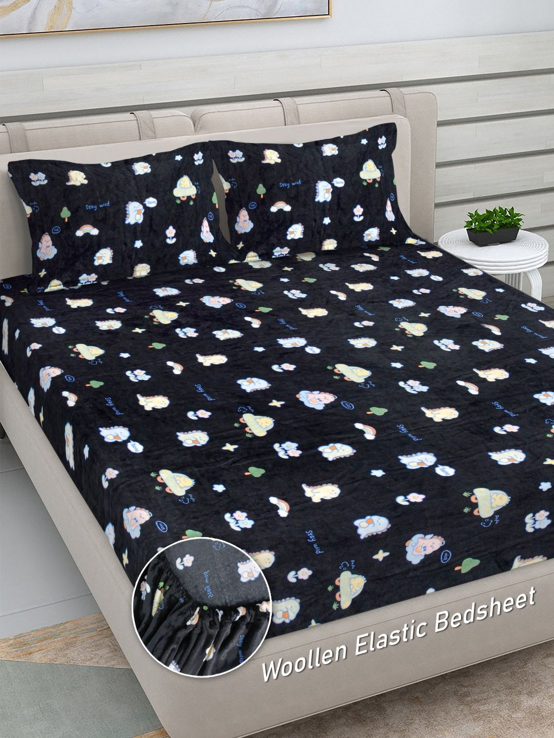 FABINALIV Black Cartoon Characters Wool 300 TC Fitted King Fine Bedsheet with 2 Pillow Covers-98 x 89 inches