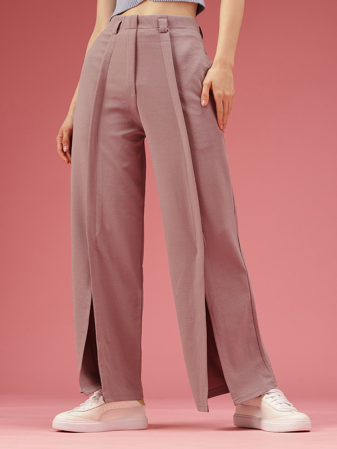 DressBerry Women Textured High-Rise Wide Leg Straight Fit Front Slit Korean Trousers