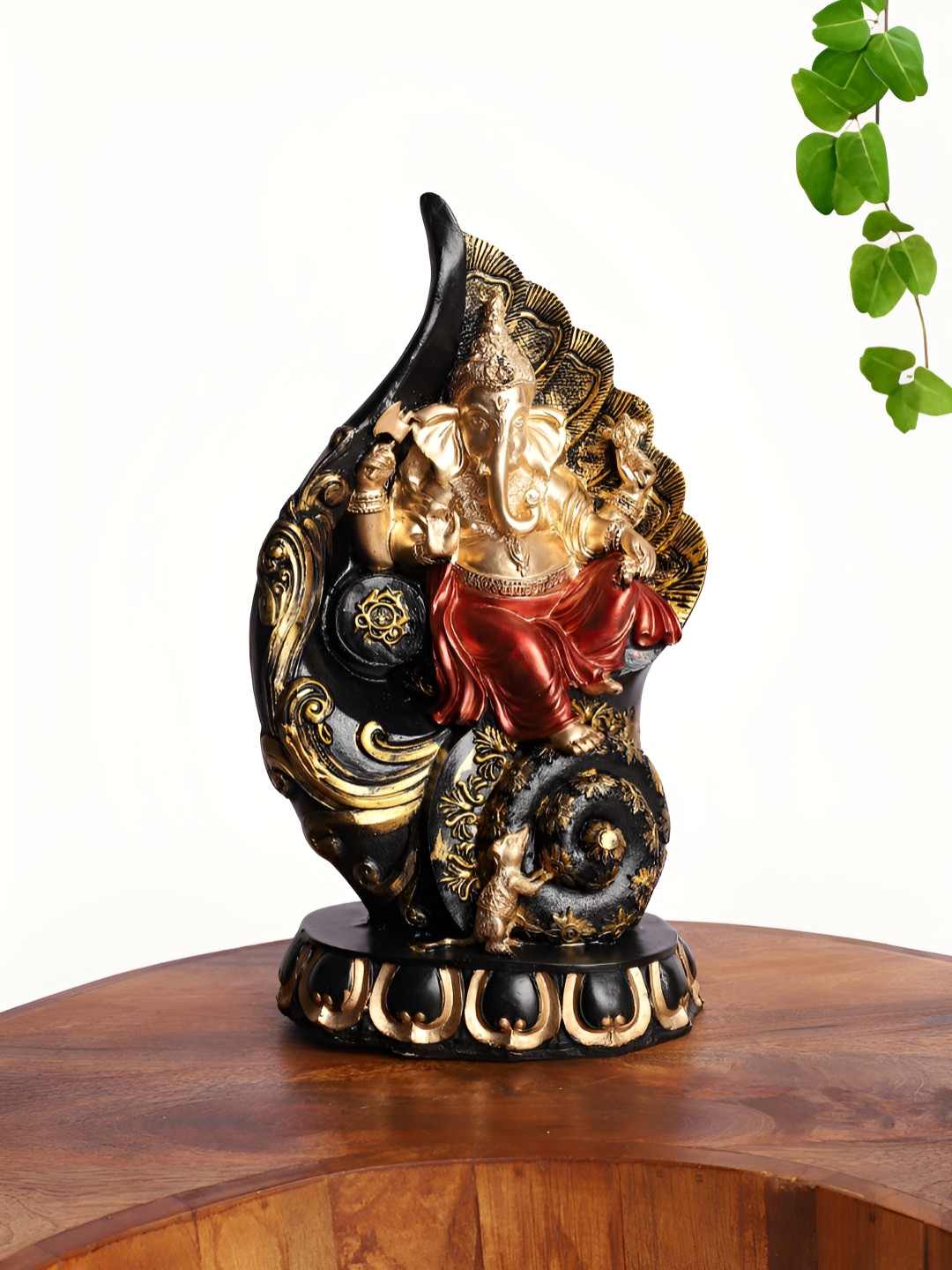 INTERNATIONAL GIFT Ganpati Leaf Red Polyresin Natural Prayer Room Large Showpiece - 4.7 Inches