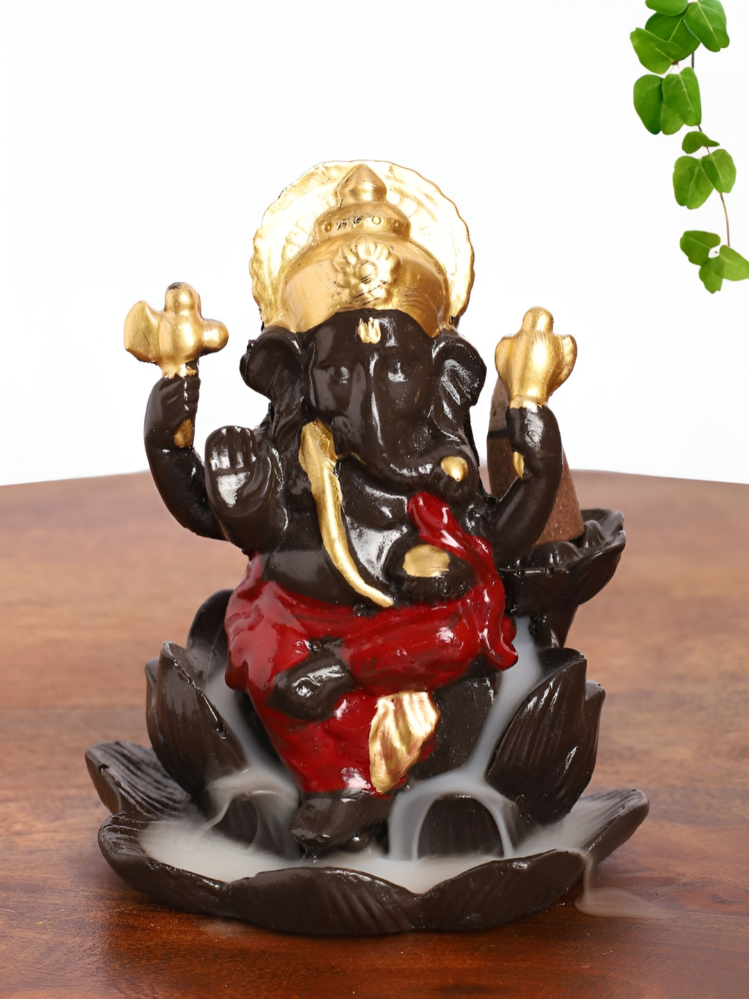 INTERNATIONAL GIFT Ganesh Idol Sitting on Louts Flower Backflow Fountain Smoke Multicoloured Polyresin Glossy Living Room Fountain Medium Showpiece - 1.6 Inches