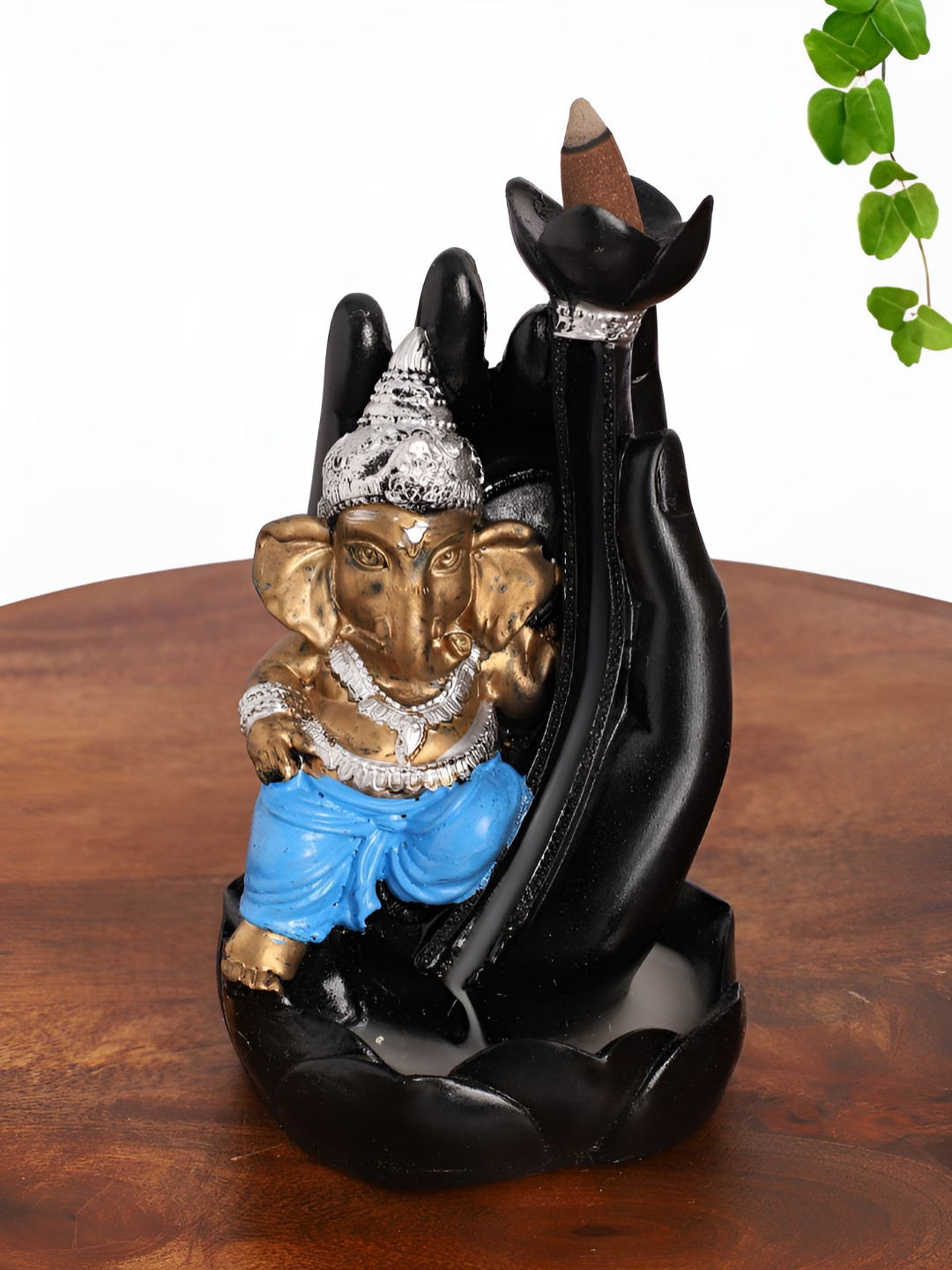 INTERNATIONAL GIFT Flower On Hand Ganesha Blue Polyresin Natural Prayer Room Fountain Medium Showpiece - 2.4 Inches