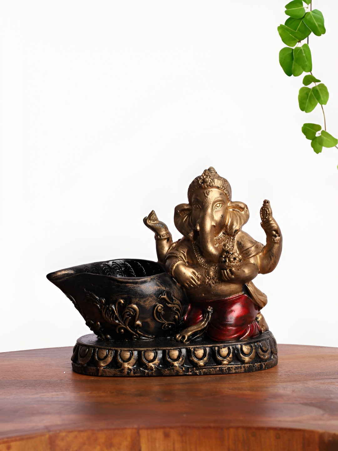 INTERNATIONAL GIFT Ganesh with Diya Brown Polyresin Matte Prayer Room Medium Showpiece - 2 Inches