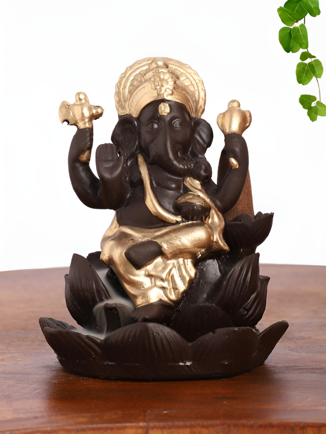 INTERNATIONAL GIFT Ganesh Sitting on Lotus Flower Backflow Smoke Fountain Gold Polyresin Glossy Prayer Room Medium Showpiece - 1.6 Inches