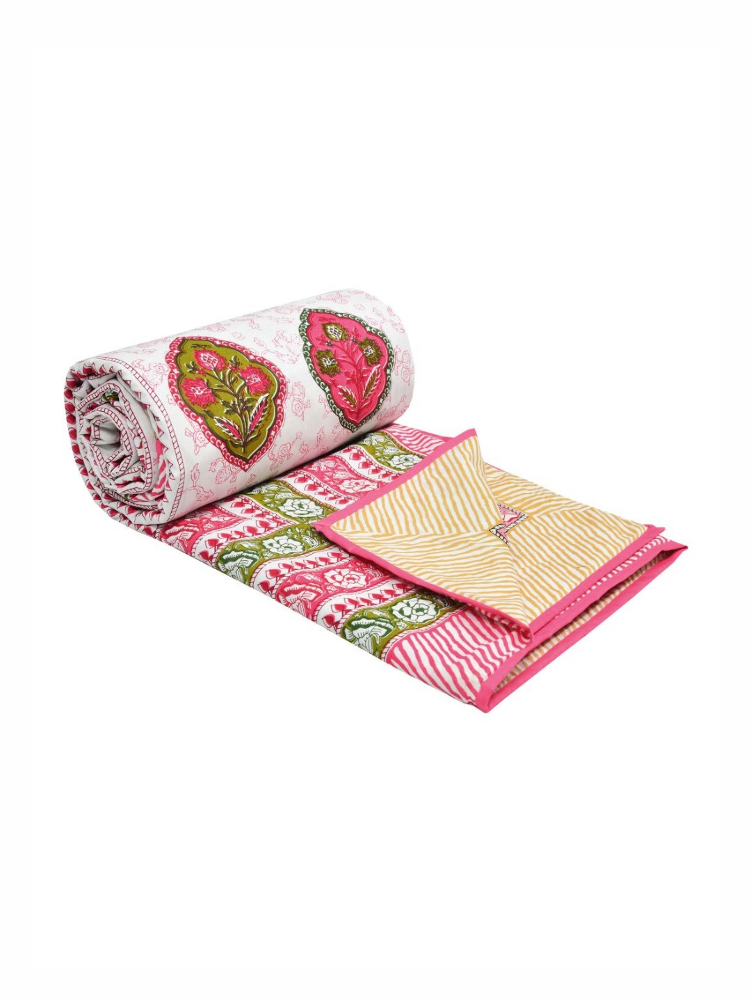 BLOCKS OF INDIA White & Pink Ethnic Motifs Printed Cotton AC Room 150 GSM Double Bed Dohar