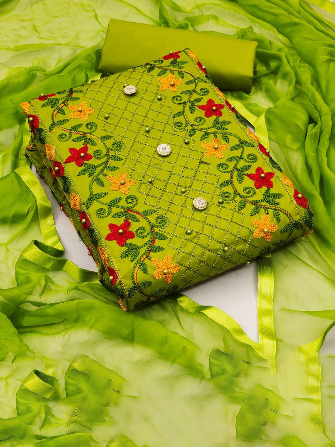 TRYSTON Floral Embroidered Beads And Stones Unstitched Dress Material