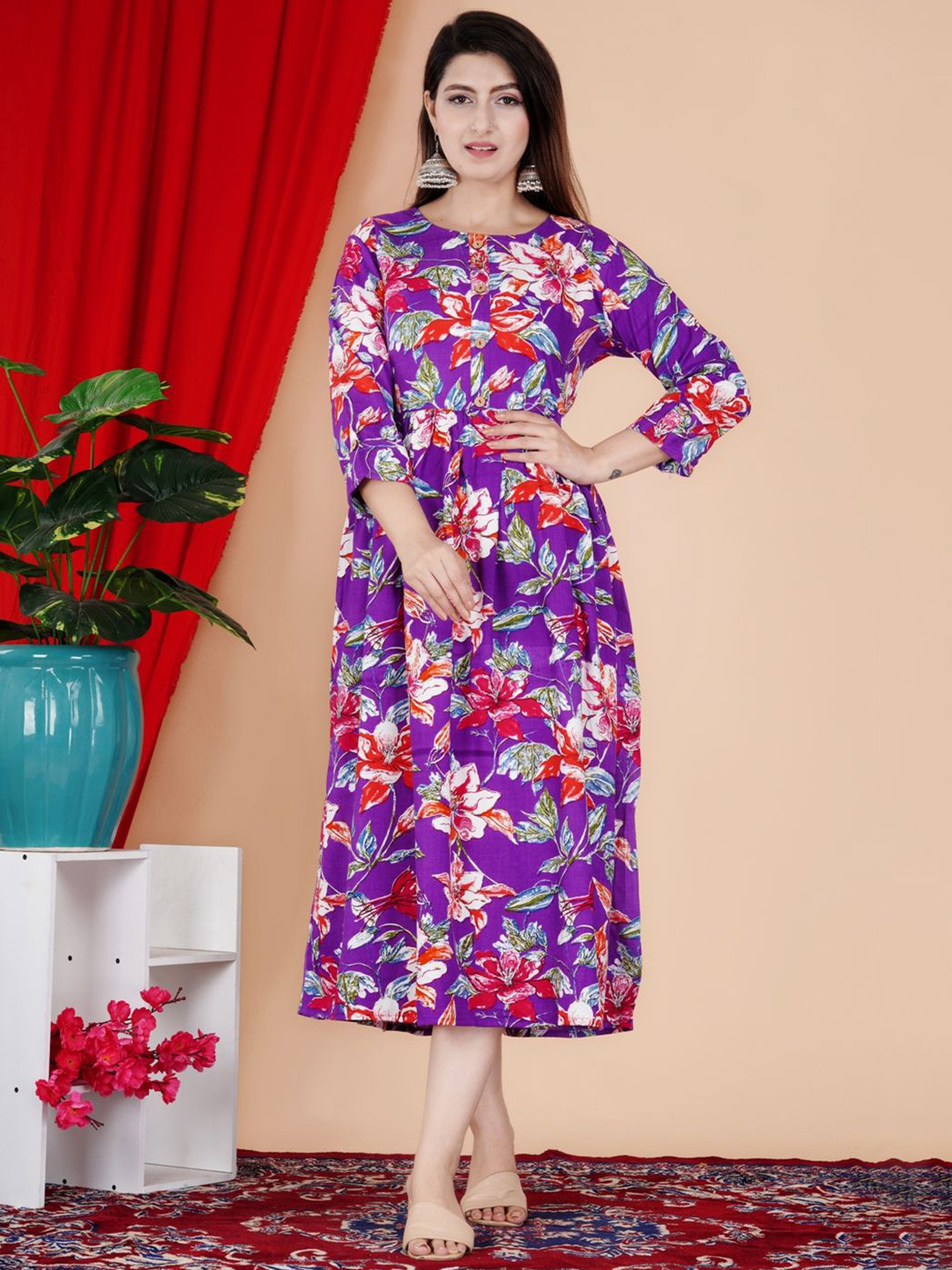 FebQ Floral Printed Round Neck Anarkali Kurta