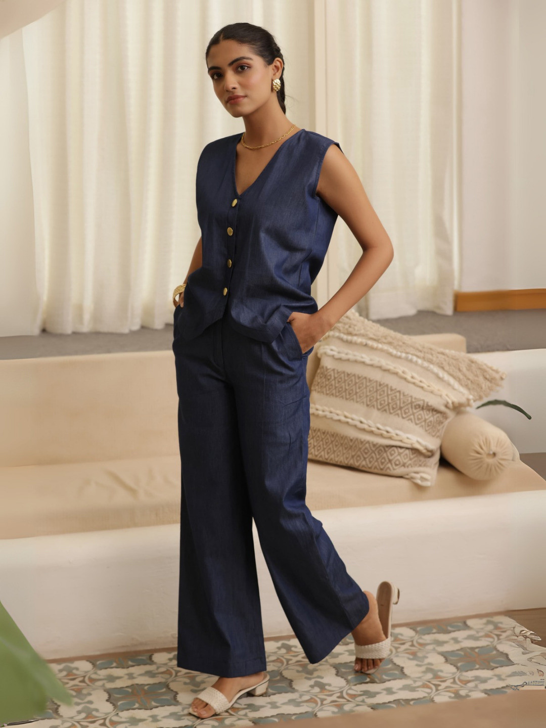 Tasya India V-neck Denim Waistcoat With Trousers