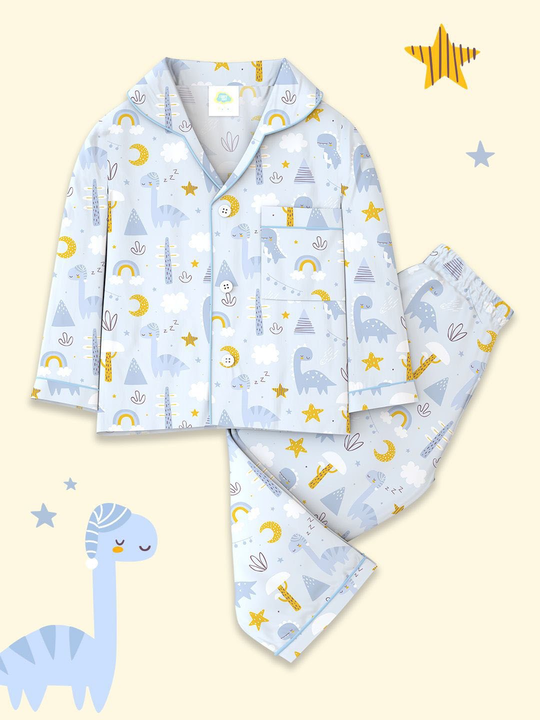 Fancy Fluff Boys Printed Lapel Collar Night suit