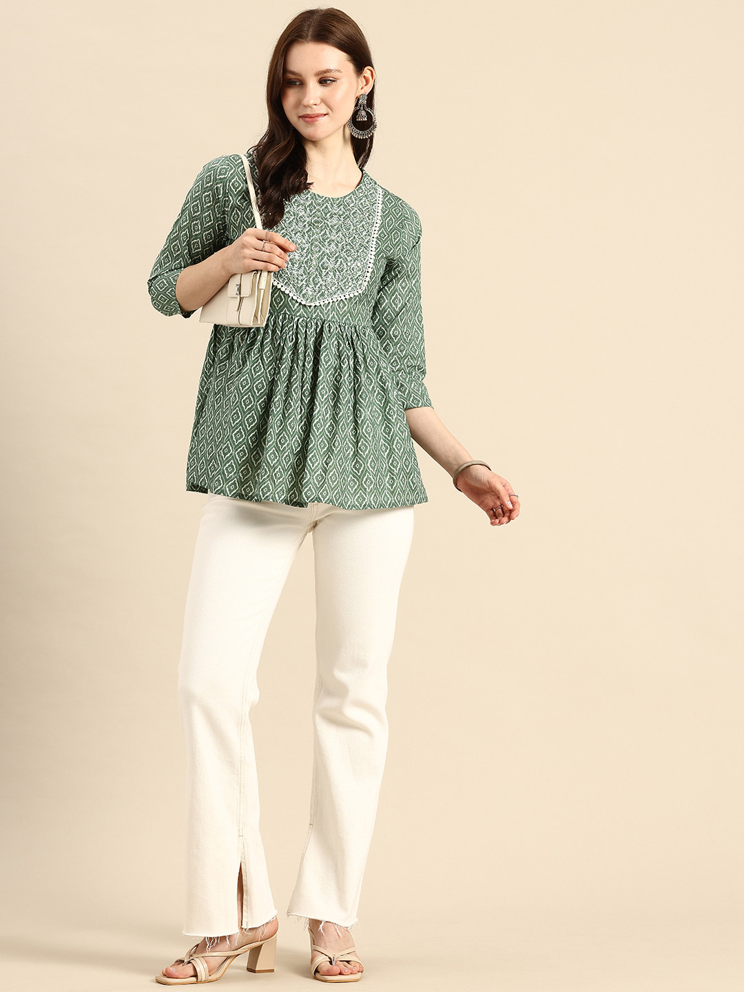 A&K Pure Cotton Embroidered Ethnic Print Peplum Top