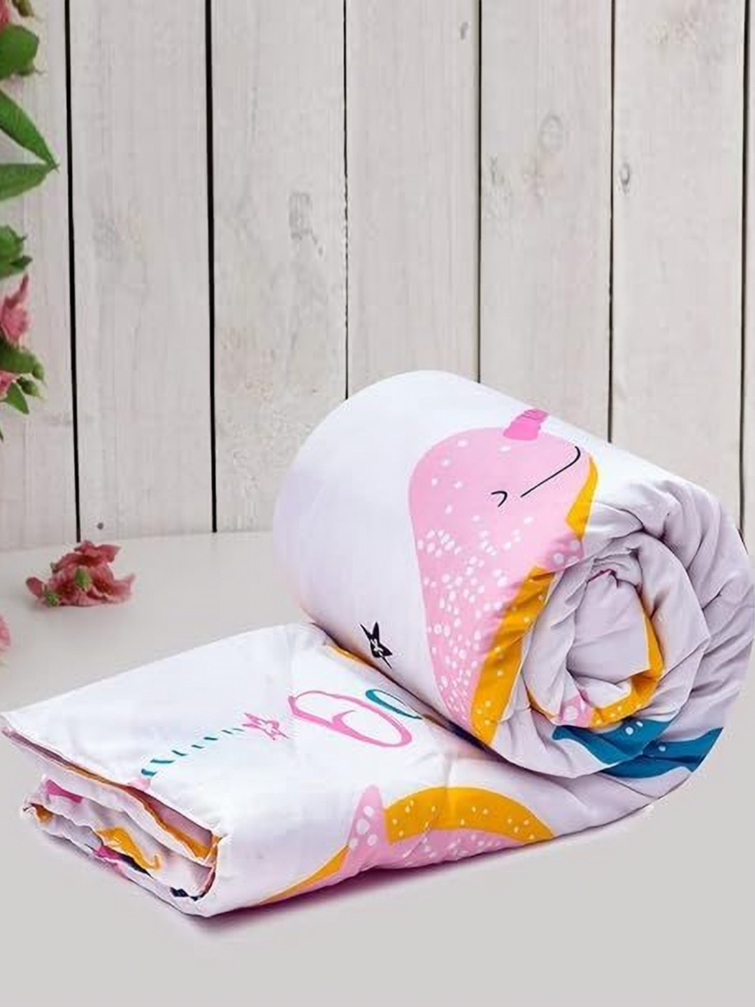 BREVARD Pink & Yellow Whale Printed Glace Cotton 150 GSM Single Bed Comforter