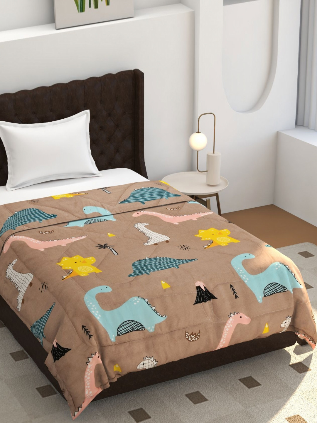 BREVARD Brown & Green Dinosaurs Printed Glace Cotton 150 GSM Single Bed Comforter