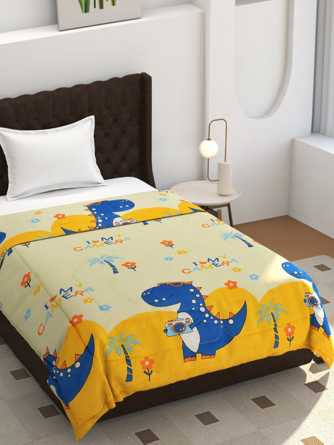 BREVARD Cream-Coloured & Blue Printed Glace Cotton 150 GSM Single Bed Comforter