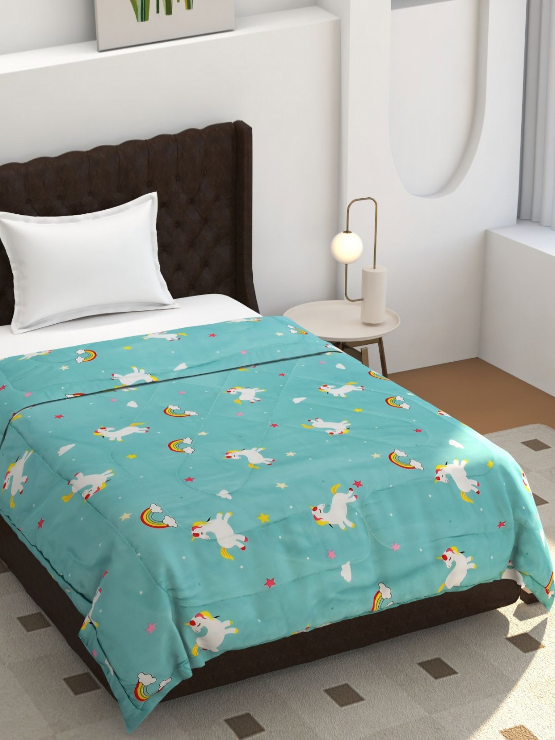 BREVARD Blue & White Unicorn Printed Glace Cotton 150 GSM Single Bed Comforter