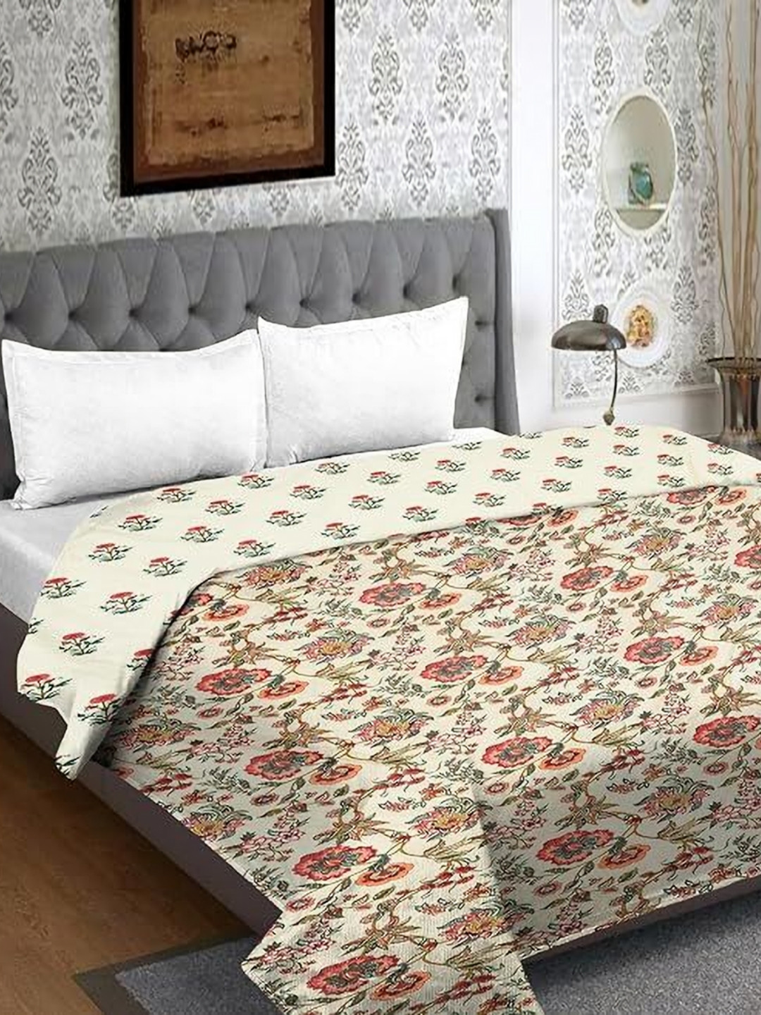 BREVARD Cream-Coloured & Brown Floral Printed Glace Cotton 150 GSM Double Bed Comforter