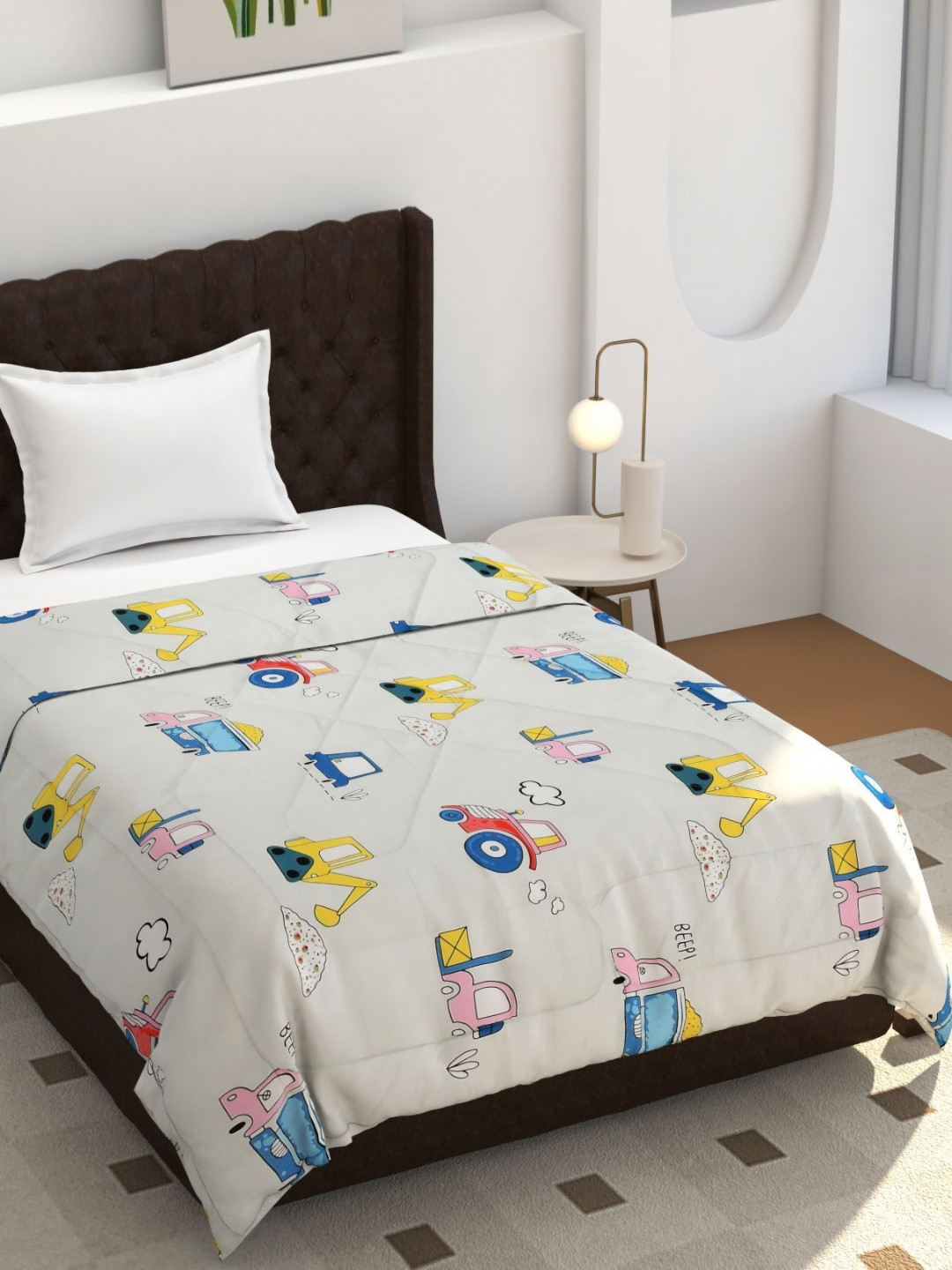 BREVARD Off White & Yellow Vehicles Printed Glace Cotton 150 GSM Single Bed Comforter
