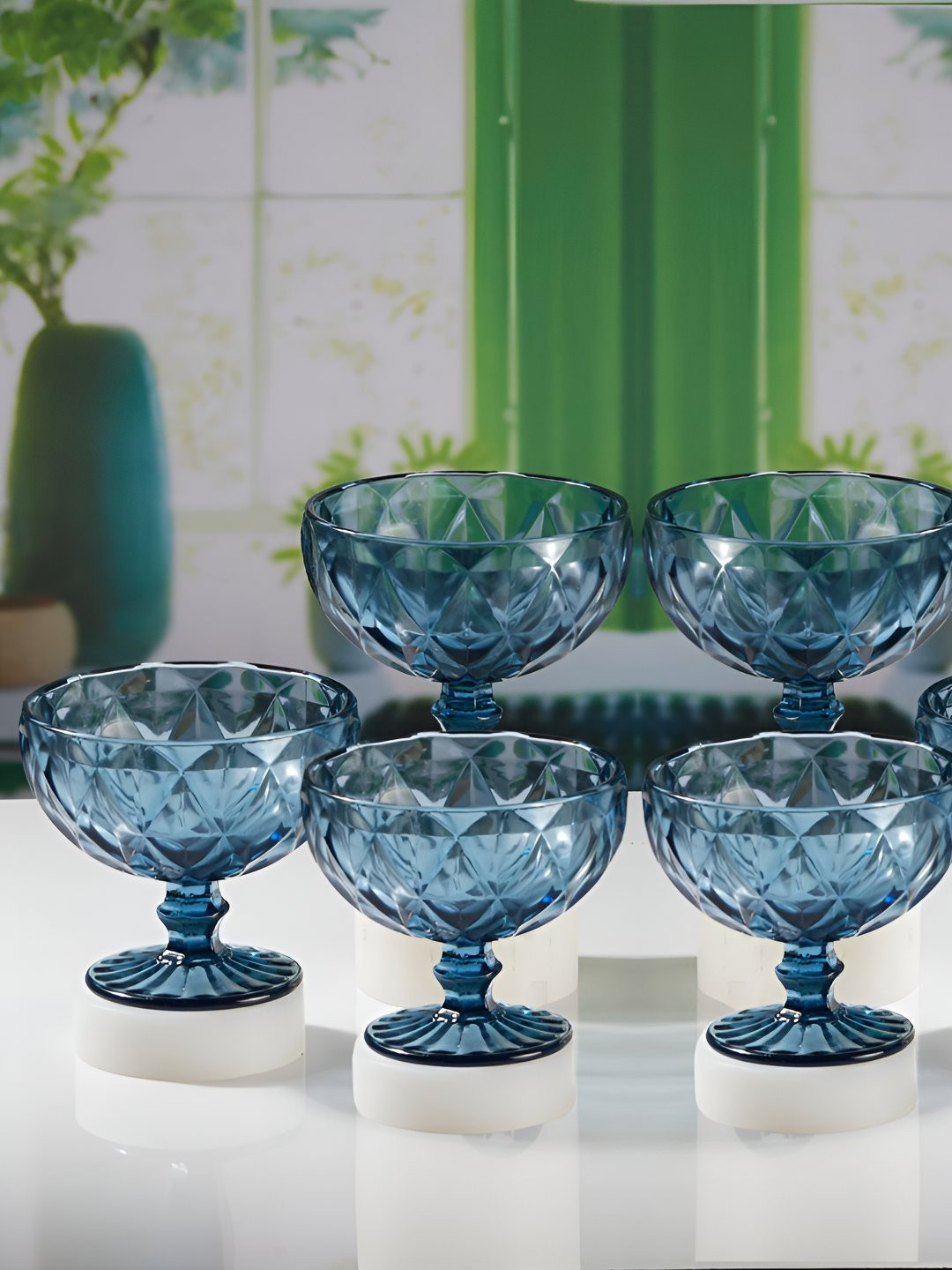 Kookee Blue Textured Glass 6 Pieces Glass Easy to Clean Serving Bowl 300 ml Each