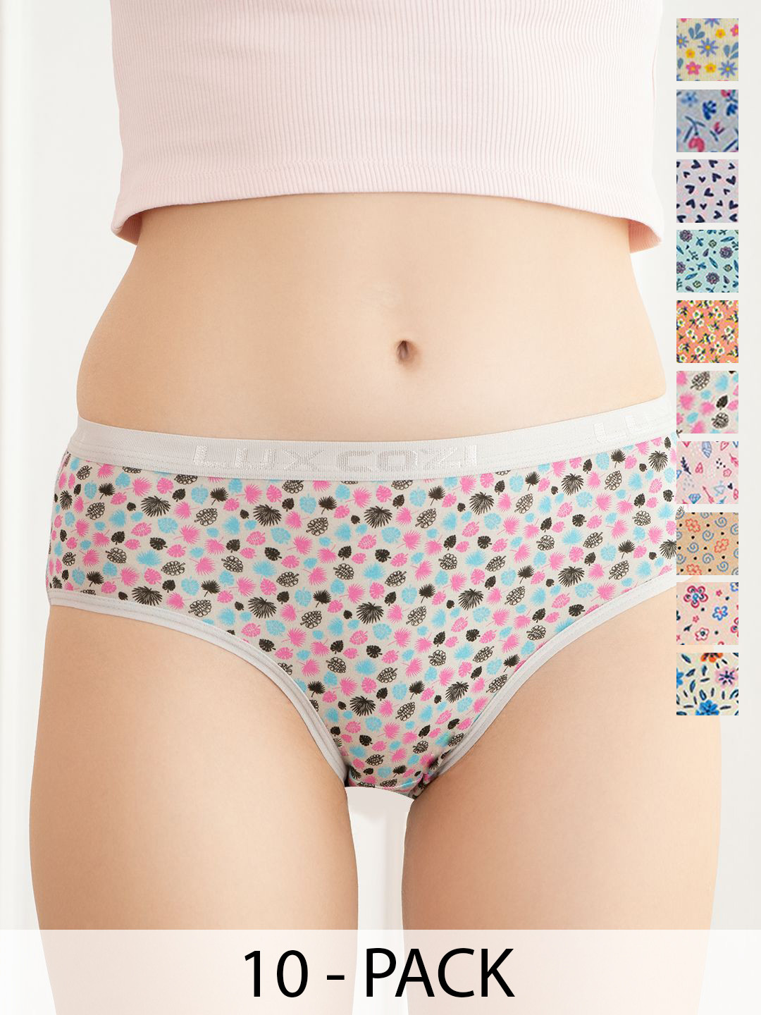 Lux Cozi Pack Of 10 Floral Printed Pure Cotton Hipster Briefs- COZIHER_702_PTY_10PC