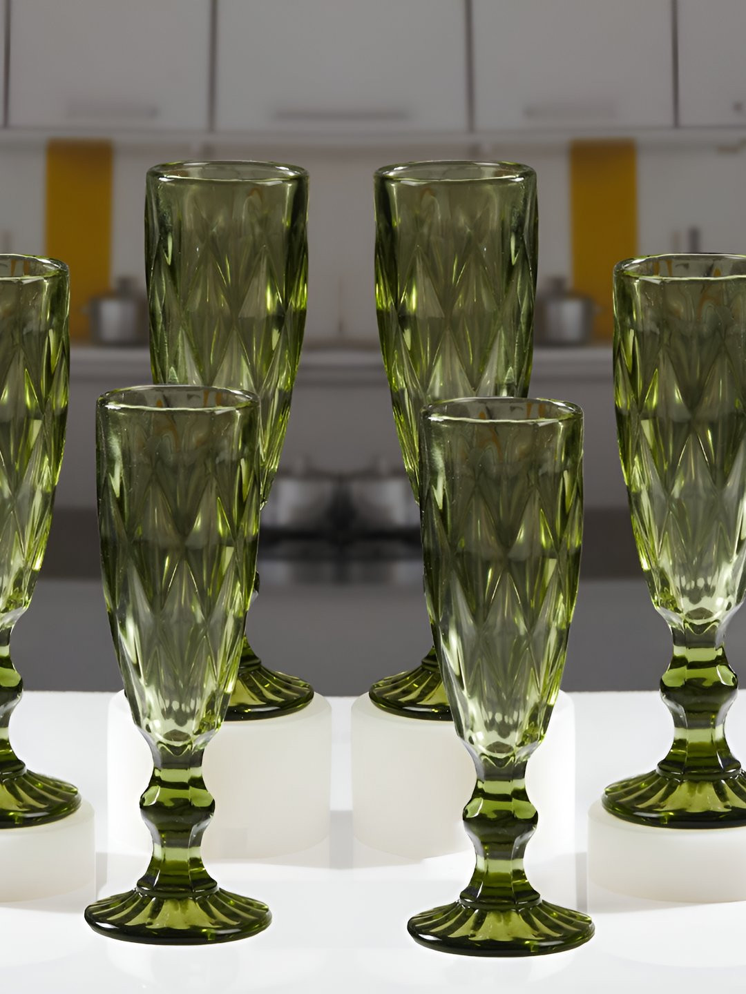 Kookee Green 6 Pieces Textured Crystal Wine Glasses 150 ml Each
