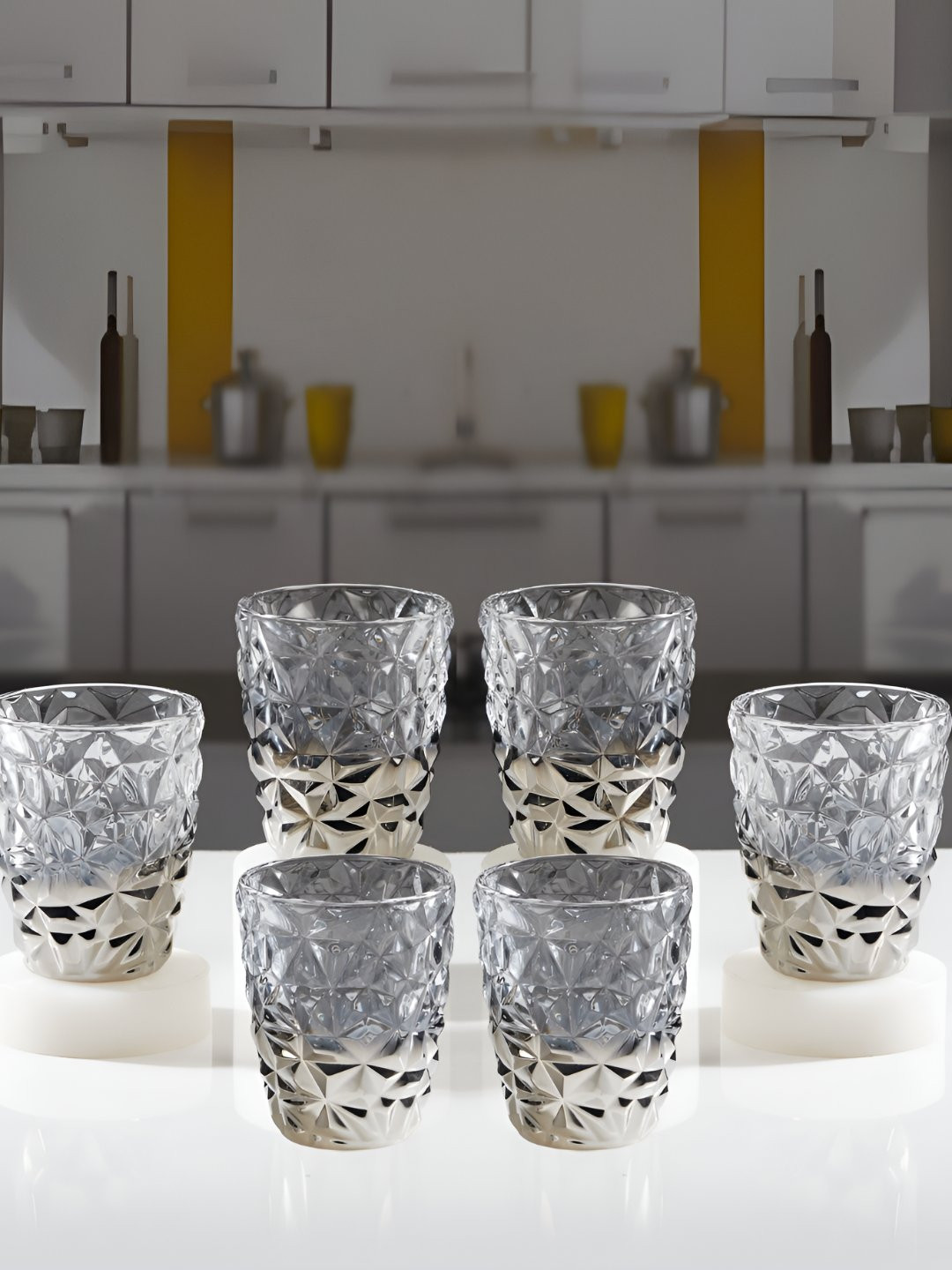 Kookee Grey and Transparent 6 Pieces Textured Glass Crystal Drinking Glasses 250 ml Each