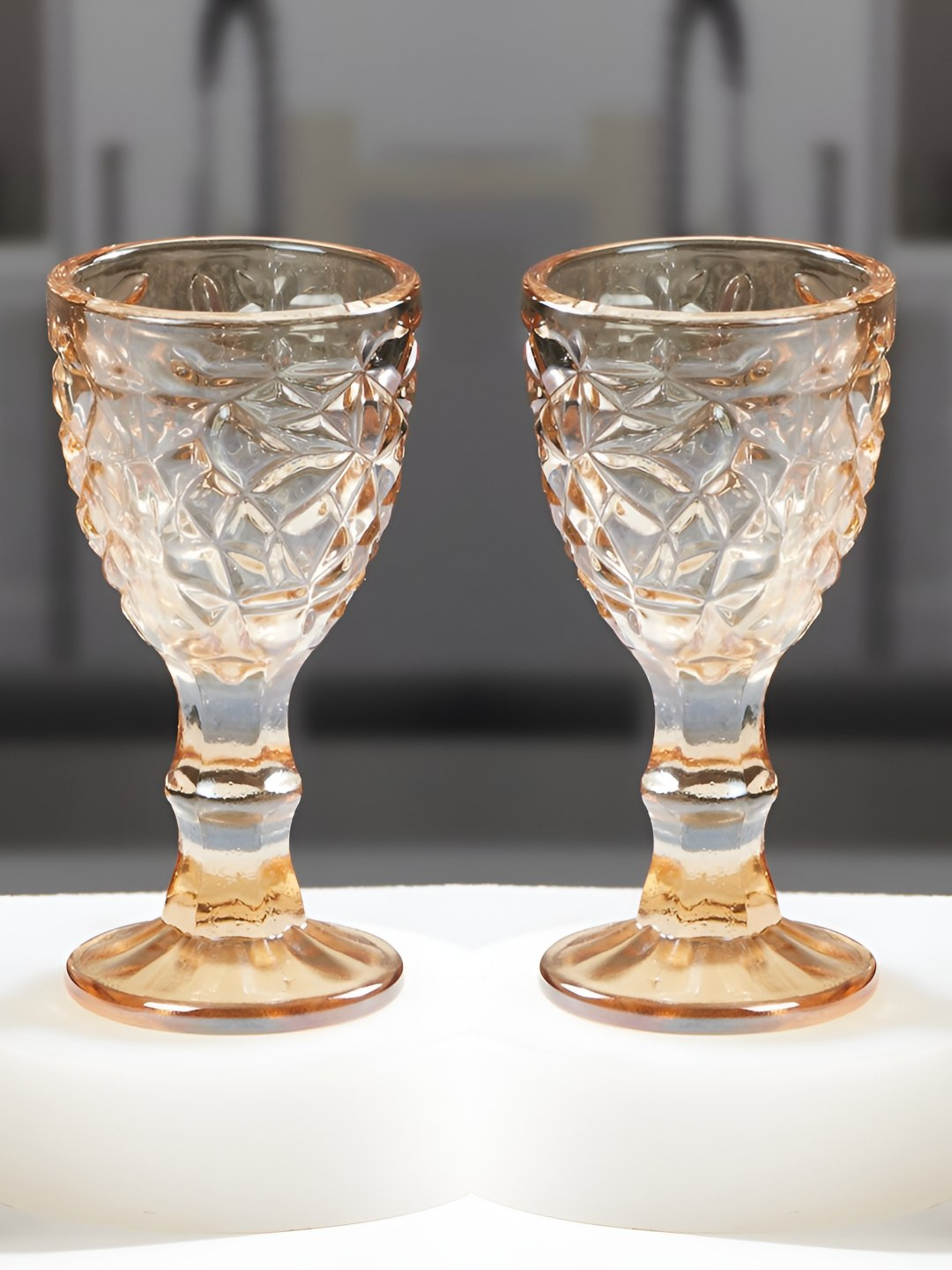 Kookee Beige and Transparent 2 Pieces Textured Glass Crystal Wine Glasses 50 ml Each