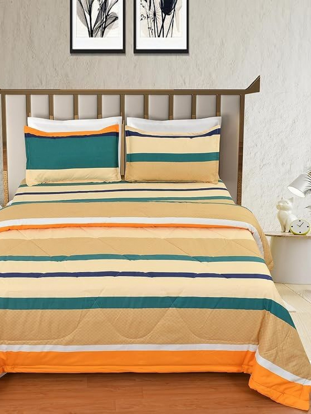 MORADO Beige & Teal Striped 150 GSM Double Bed Comforter