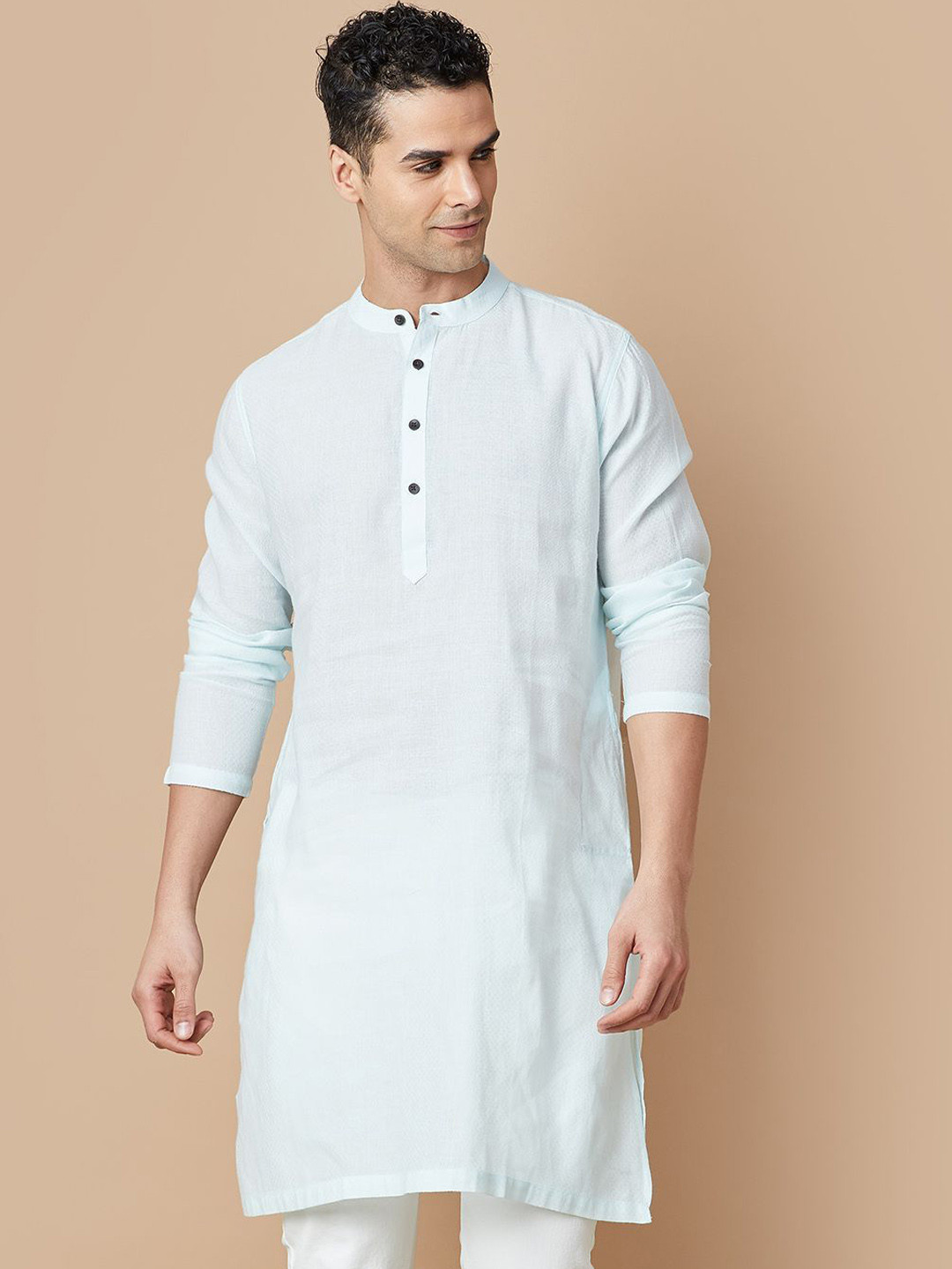 Melange by Lifestyle Chevron Woven Design Band Collar Straight Kurta