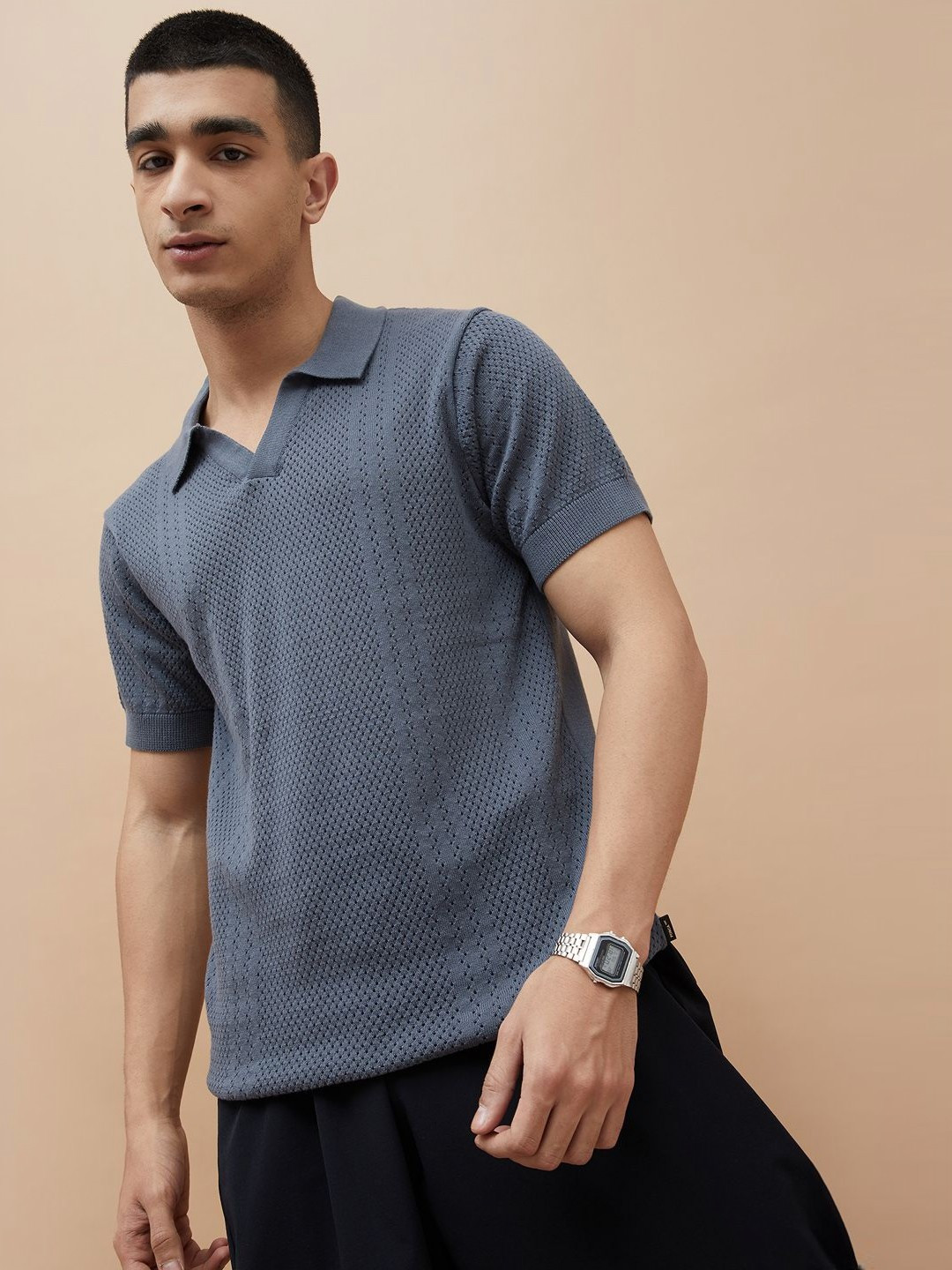 Forca Men Self Design Polo Collar Cotton T-shirt